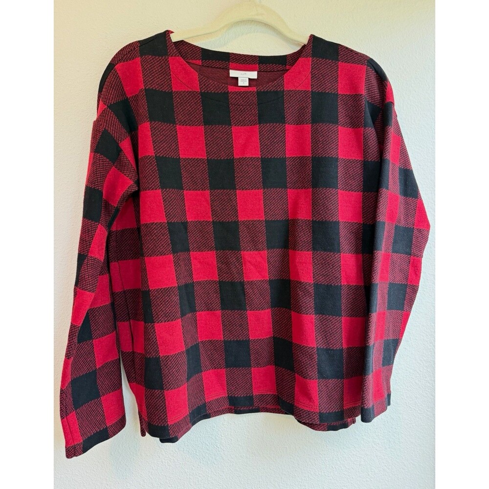 J. Jill Women's S Red Black Plaid Knit Round Neck Long Sleeve Pullover Top